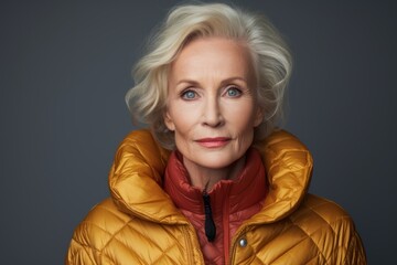 Poster - Portrait of a content woman in her 50s sporting a quilted insulated jacket isolated on blank studio backdrop