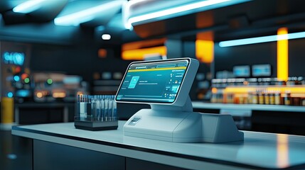 Poster - A virtual checkout counter on a digital device, no people, and wide room for copy