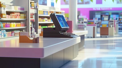 Poster - A virtual checkout counter on a digital device, no people, and wide room for copy