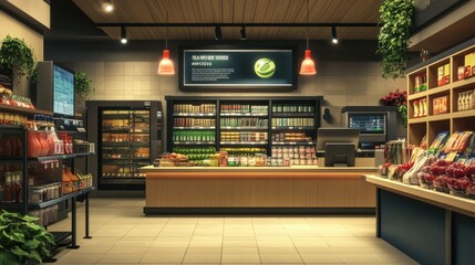 Poster - A virtual checkout counter on a digital device, no people, and wide room for copy