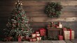© Jittapon - Cozy and nostalgic vintage Christmas backdrop featuring a classic decorated tree rustic wooden wreath and old fashioned wrapped gifts evoking a warm and festive holiday atmosphere