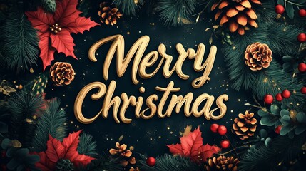 Wall Mural - A festive arrangement featuring golden Merry Christmas lettering surrounded by pine branches, holly berries, and pine cones on a dark background