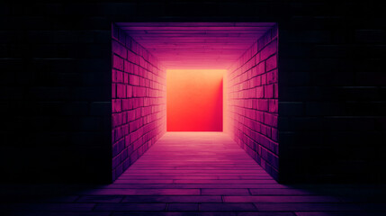 Canvas Print - A dark brick hallway glows with neon pink and orange light at the end.