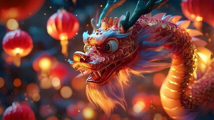 Wall Mural - Vibrant Chinese New Year Dragon Surrounded by Glowing Festive Lanterns Symbolizing of Unity Tradition and Togetherness