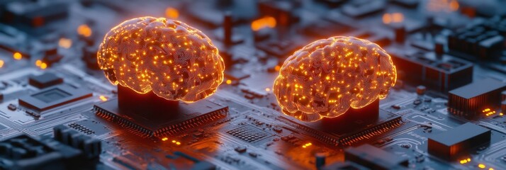 Two glowing brains on a circuit board.