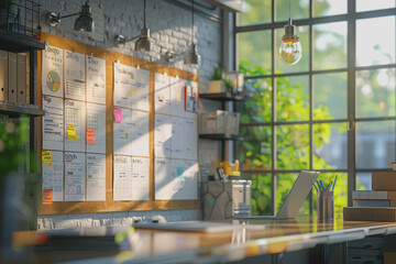 Wall Mural - A board with post-it notes reporting work progress sits on a table in a modern office.