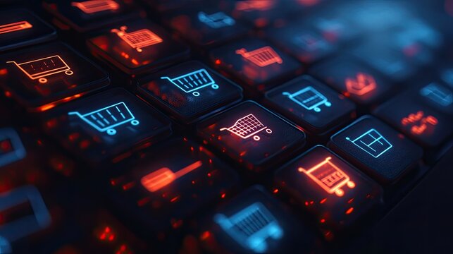 Digital icons representing online shopping and ecommerce, no people, with room for text