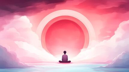 Sticker - A solitary figure meditates before a giant pink orb in the sky.