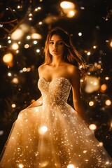 Wall Mural - A woman in a wedding dress standing in front of a Christmas tree