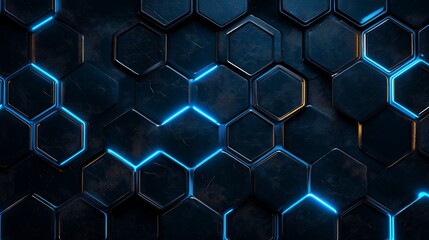 Poster - Futuristic hexagonal pattern with glowing blue accents on a dark textured background