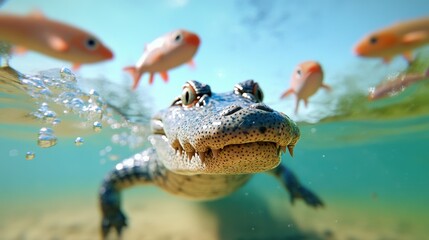 Wall Mural - Underwater Encounter with a Crocodile and Fish