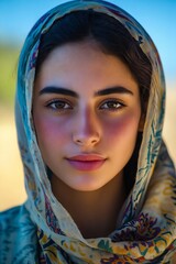 Wall Mural - A woman wearing a headscarf in the desert