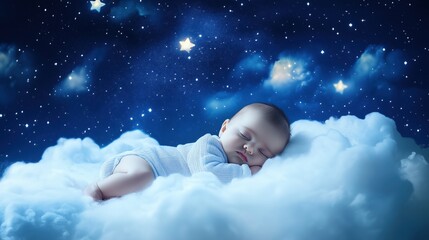 peaceful baby sleeping on clouds under starry night sky