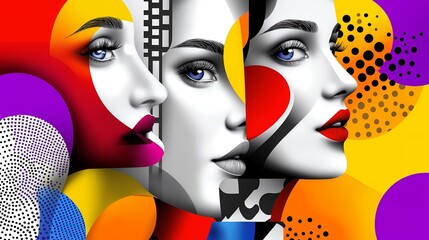 Poster - Abstract portrait of three women with colorful geometric shapes.