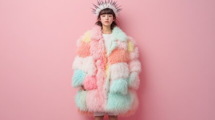 a woman stands confidently against a pink background, wearing a fluffy coat with pastel patches and 