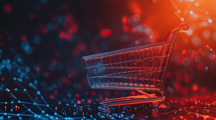 Poster - Shopping cart and ecommerce network icons in a 3D abstract background, with space for text