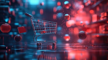 Poster - Shopping cart and ecommerce network icons in a 3D abstract background, with space for text