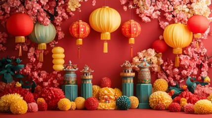 Wall Mural - Vibrant and colorful Chinese New Year festival backdrop with bold decorative elements traditional cultural symbols and glowing lanterns celebrating joy and festivity