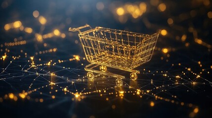 Poster - Shopping cart and ecommerce network icons in a 3D abstract background, with space for text