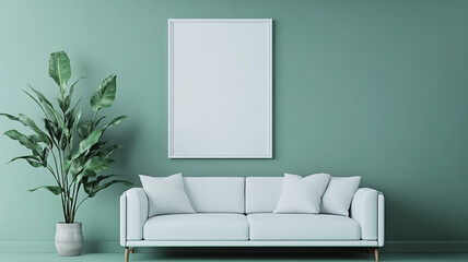 Wall Mural - a white blank poster frame on a green wall