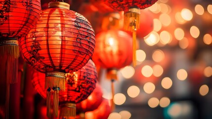 Wall Mural - Vibrant red Chinese New Year festival with bold lanterns joyful symbols and colors celebrating the traditional holiday and Asian culture