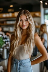 Poster - A woman with long blonde hair standing in a coffee shop