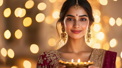 Poster - young indian woman holding oil lamps plate on diwali festival