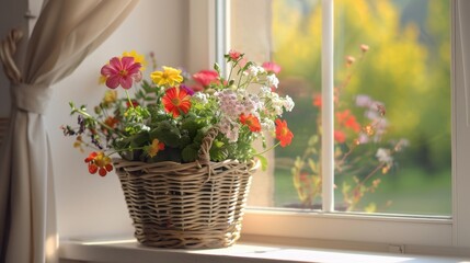 Sticker - Colorful Flower Basket by a Window in Daylight