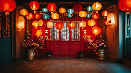 Wall Mural - vibrant chinese new year backdrop with colorful lanterns traditional red decor and joyous symbols of