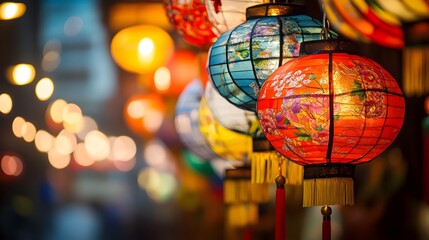 Wall Mural - brightly lit festive chinese new year lanterns with vibrant celebrating the lunar holiday traditiona