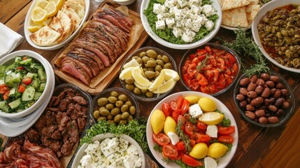 Traditional Greek feast spread featuring feta, olives, pita bread, grilled meats, and colorful salads with lemon wedges, ready for serving.