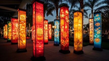 Stunning display of elaborately designed Chinese New Year lanterns featuring vibrant colors intricate patterns and traditional cultural icons representing happiness wealth and good fortune