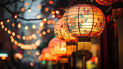 Wall Mural - vibrant illuminated chinese new year lanterns with intricate designs hanging and glowing as symbols 