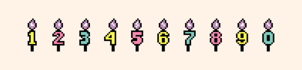 Poster - Happy Birthday candle number icon set. Cute event decoration element in pixel art style. Party, celebration colorful design. Vector illustration. Y2k vintage pixel icons. Game abstract collage sticker
