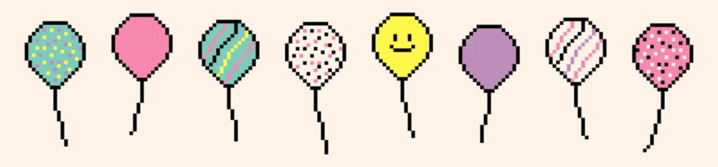 Poster - Birthday ballon icon set. Event decoration element in pixel art style. Party, carnival celebration concept background. Vector illustration. Y2k vintage pixel icons. Game abstract collage sticker