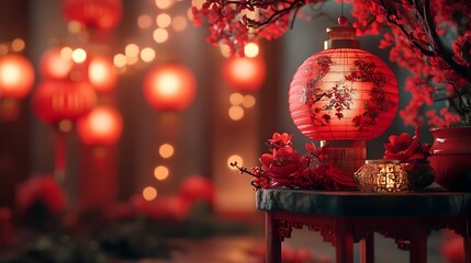 Wall Mural - Vibrant and Joyful Chinese New Year with Glowing Red Lanterns Festive Traditional Symbols of Happiness and Prosperity