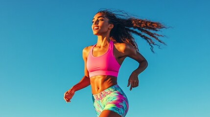 Sticker - A woman is running in the sun with her hair blowing in the wind