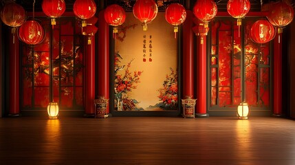 Wall Mural - Stunning Prosperity Themed Chinese New Year Backdrop Featuring Red Lanterns Golden Accents and Cultural Symbols of Wealth and Success