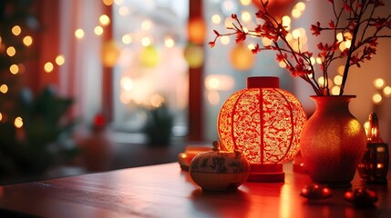 Wall Mural - cozy and festive chinese new year scene with vibrant red lighting and symbols of unity and prosperit