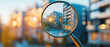 © Pics_With_Love - Close-up of magnifying glass focusing on modern urban apartment buildings at sunset, representing real estate investment, property search, and housing market analysis