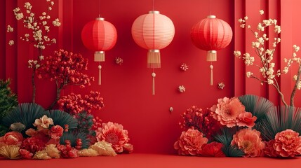 Wall Mural - vibrant and auspicious chinese new year red backdrop decorated with traditional lanterns floral patt