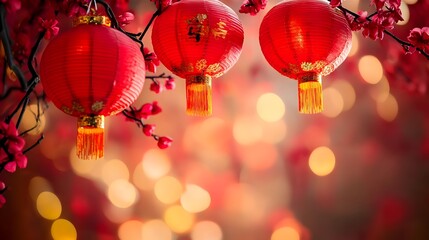 Wall Mural - vibrant red chinese new year lanterns hanging on tree branches with cultural symbols celebrating pro