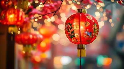 Wall Mural - vibrant colorful chinese new year with hanging red lanterns auspicious symbols and festive designs c