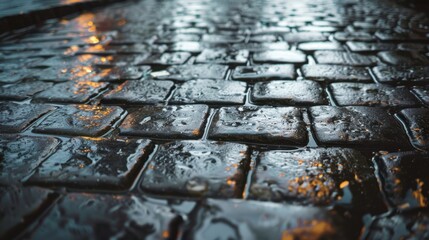 Poster - Rainy Cobblestone Street at Night