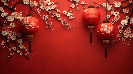 Wall Mural - vibrant spring themed chinese new year red backdrop with exquisite floral designs cherry blossoms an