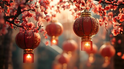 Wall Mural - intricate chinese new year backdrop with traditional red lanterns decor and auspicious symbolic elem