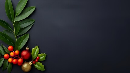 Wall Mural - Christmas Ornament and Holly Sprig on Dark Background.