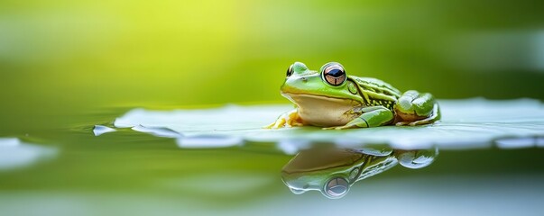 Green frog sitting on a lily pad in a pond.