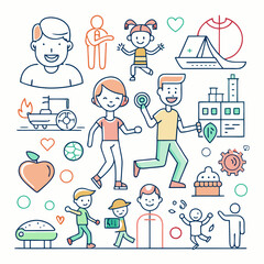 A colorful illustration featuring happy people engaging in various activities, symbolizing a joyful and active lifestyle. This cheerful design is perfect for projects related to family, community.