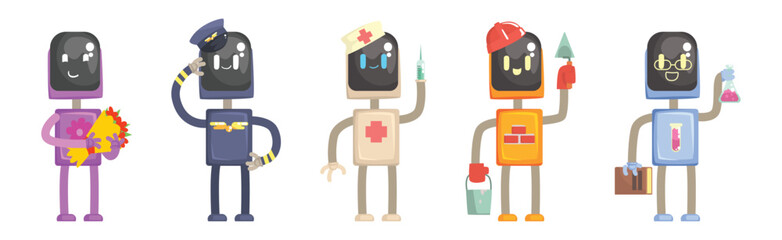 Canvas Print - Robot Character of Different Profession with Tool Vector Set